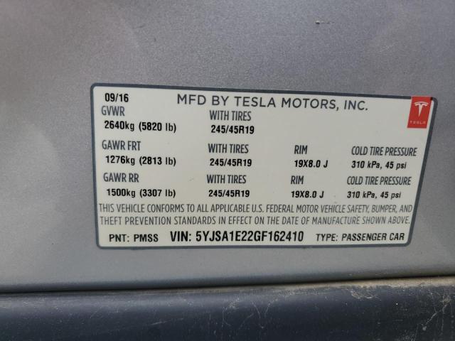 5YJSA1E22GF162410 - 2016 TESLA MODEL S 银色 照片 12