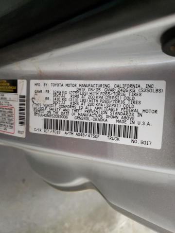 5TEUU42N85Z089006 - 2005 TOYOTA TACOMA ACCESS CAB ვერცხლისფერი ფოტო 12