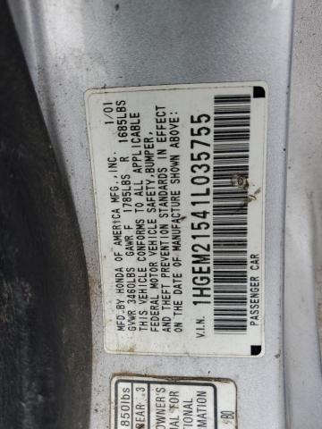 1HGEM21541L035755 - 2001 HONDA CIVIC LX SILVER photo 12