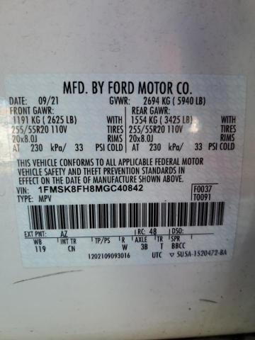 1FMSK8FH8MGC40842 - 2021 FORD EXPLORER LIMITED WHITE photo 13