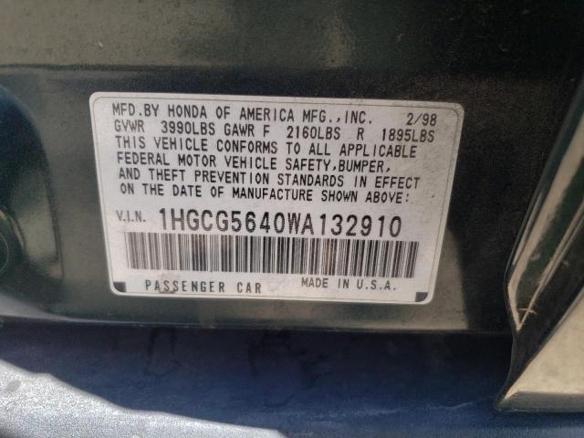 1HGCG5640WA132910 - 1998 HONDA ACCORD LX GREEN photo 12