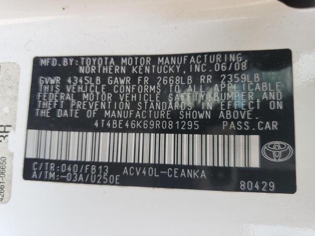 4T4BE46K69R081295 - 2009 TOYOTA CAMRY BASE WHITE photo 12