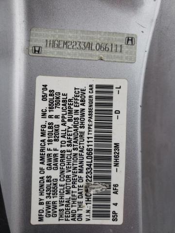 1HGEM22334L066111 - 2004 HONDA CIVIC DX VP SILVER photo 12