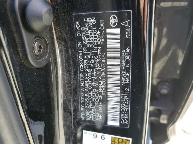 JTDKB20U383373870 - 2008 TOYOTA PRIUS BLACK photo 12