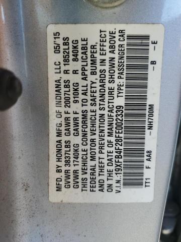 19XFB4F28FE002339 - 2015 HONDA CIVIC HYBRID SILVER photo 12