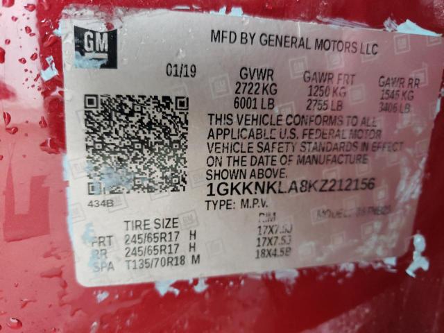 1GKKNKLA8KZ212156 - 2019 GMC ACADIA SLE RED photo 13