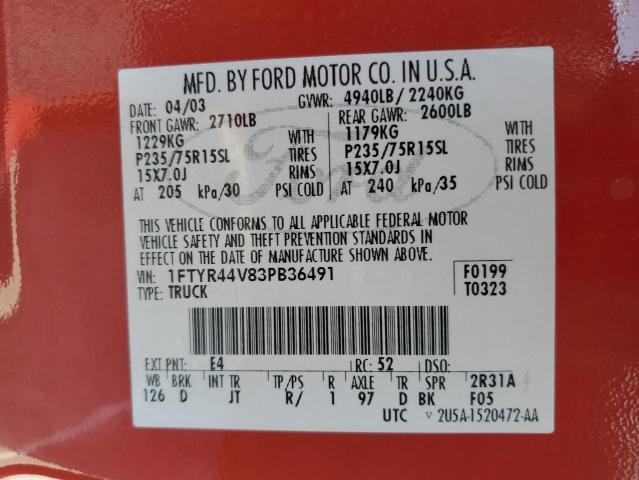 1FTYR44V83PB36491 - 2003 FORD RANGER SUPER CAB RED photo 12