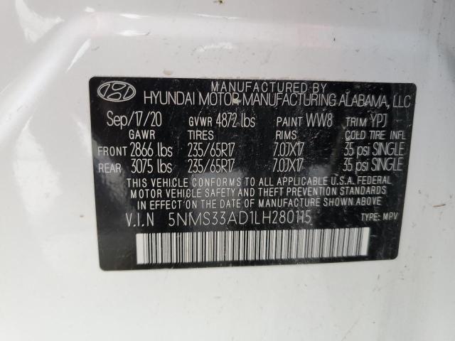 5NMS33AD1LH280115 - 2020 HYUNDAI SANTA FE SEL WHITE photo 13