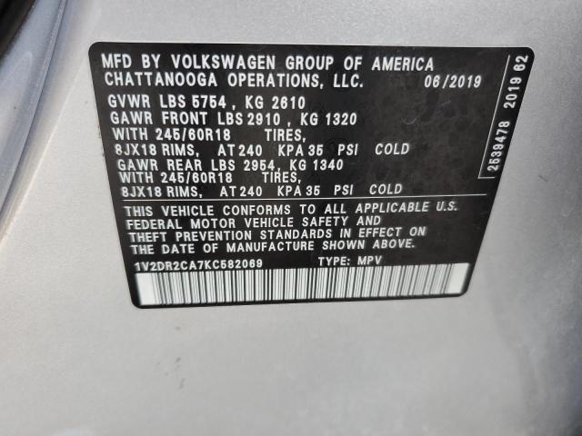 1V2DR2CA7KC582069 - 2019 VOLKSWAGEN ATLAS SE SILVER photo 13