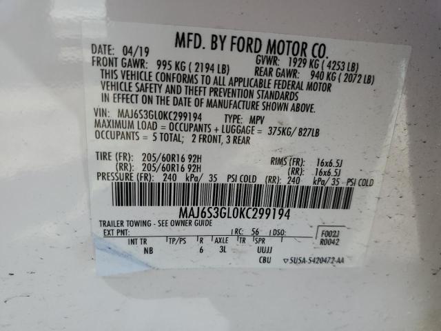 MAJ6S3GL0KC299194 - 2019 FORD ECOSPORT SE Biały zdjęcie 12