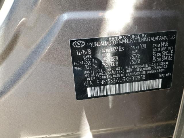 5NMS33AD3KH012858 - 2019 HYUNDAI SANTA FE SEL GRAY photo 13