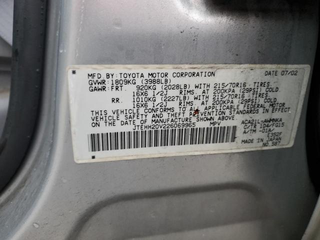 JTEHH20V226069965 - 2002 TOYOTA RAV4 SILVER photo 12