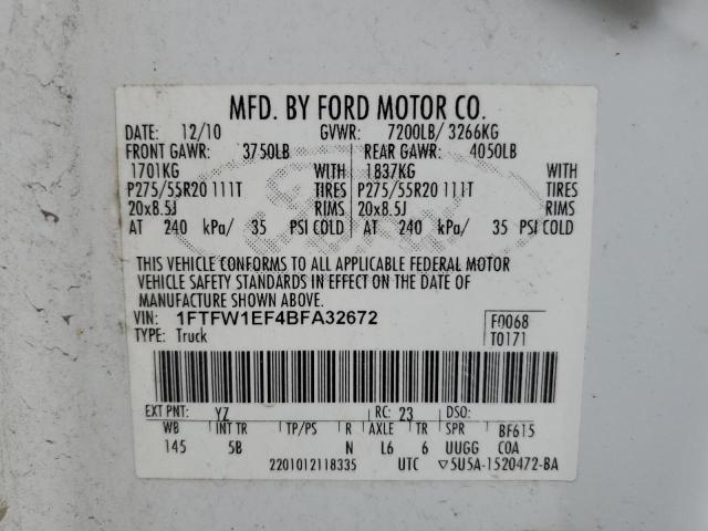 1FTFW1EF4BFA32672 - 2011 FORD F150 SUPERCREW WHITE photo 12