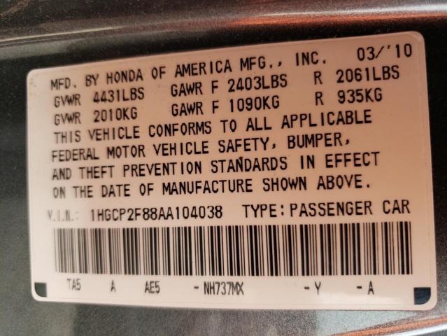 1HGCP2F88AA104038 - 2010 HONDA ACCORD EXL GRAY photo 12