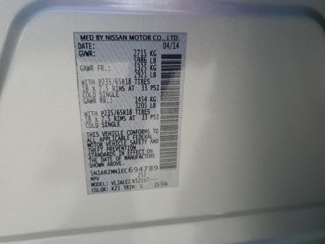 5N1AR2MN1EC694789 - 2014 NISSAN PATHFINDER S 银色 照片 13