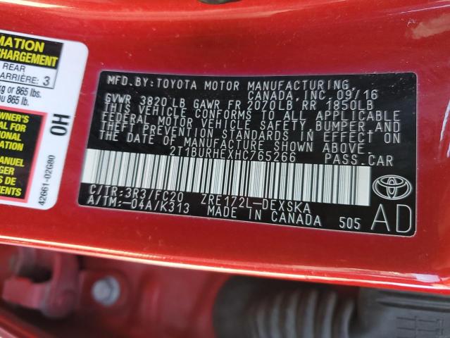 2T1BURHEXHC765266 - 2017 TOYOTA COROLLA L RED photo 13