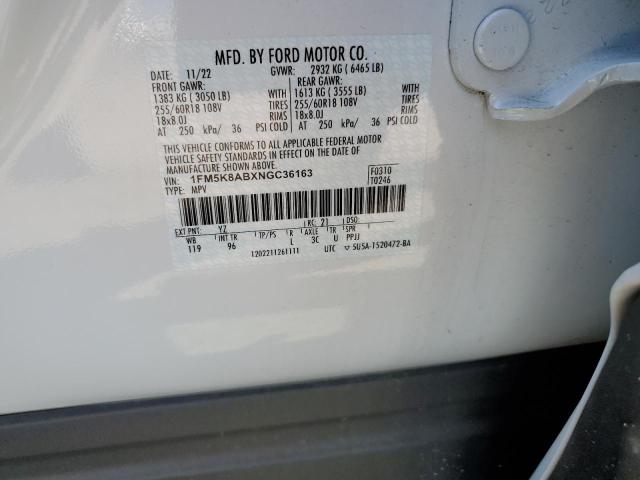 1FM5K8ABXNGC36163 - 2022 FORD EXPLORER POLICE INTERCEPTOR 白色 照片 12