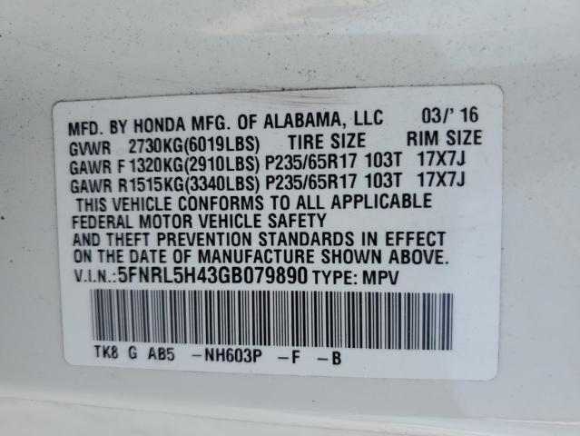 5FNRL5H43GB079890 - 2016 HONDA ODYSSEY EX WHITE photo 13