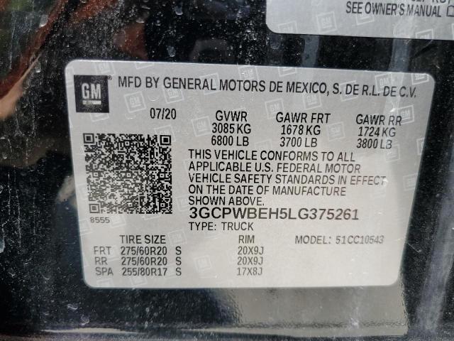 3GCPWBEH5LG375261 - 2020 CHEVROLET SILVERADO C1500 CUSTOM BLACK photo 12