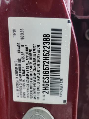 2HGES16572H522388 - 2002 HONDA CIVIC LX BURGUNDY photo 12