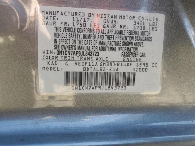 3N1CN7AP9JL843723 - 2018 NISSAN VERSA S GRAY photo 12