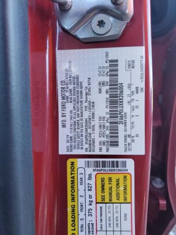 3FA6P0LUXKR206004 - 2019 FORD FUSION SE RED photo 12