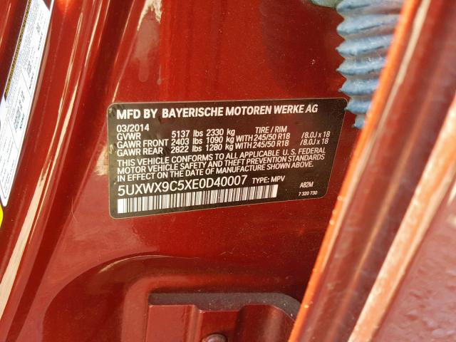 5UXWX9C5XE0D40007 - 2014 BMW X3 XDRIVE28I  photo 10