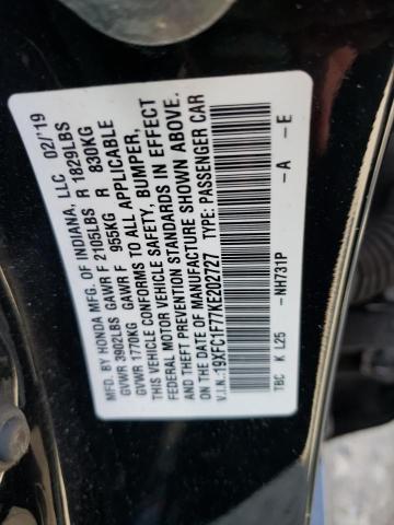 19XFC1F77KE202727 - 2019 HONDA CIVIC EXL შავი ფოტო 12
