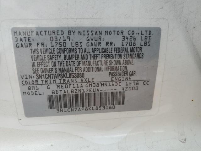 3N1CN7AP8KL853080 - 2019 NISSAN VERSA S WHITE photo 12