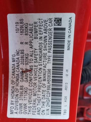 2HGFC2F89LH508396 - 2020 HONDA CIVIC SPORT 红色 照片 12