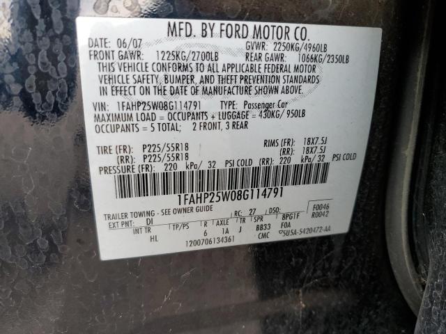 1FAHP25W08G114791 - 2008 FORD TAURUS LIMITED BLACK photo 12