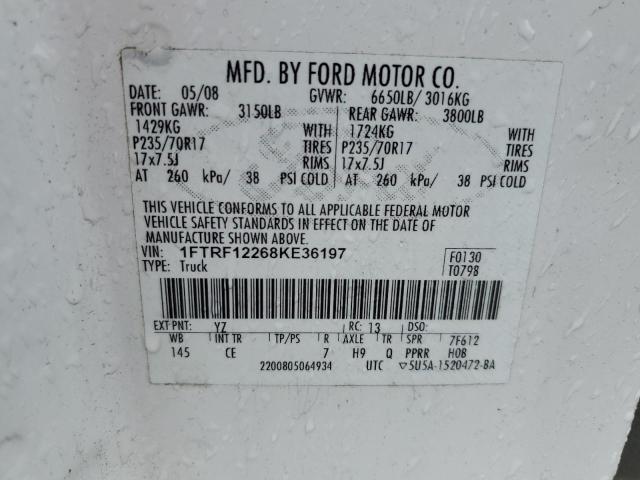 1FTRF12268KE36197 - 2008 FORD F150 WHITE photo 12