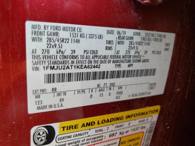 1FMJU2AT1KEA62442 - 2019 FORD EXPEDITION LIMITED RED photo 12