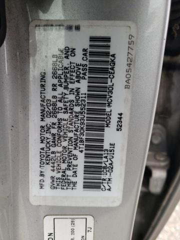 4T1BF30K93U552311 - 2003 TOYOTA CAMRY LE SILVER photo 12