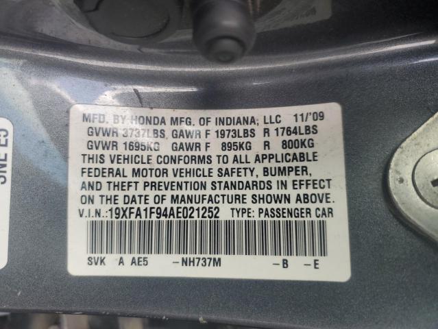 19XFA1F94AE021252 - 2010 HONDA CIVIC EXL ნაცრისფერი ფოტო 12