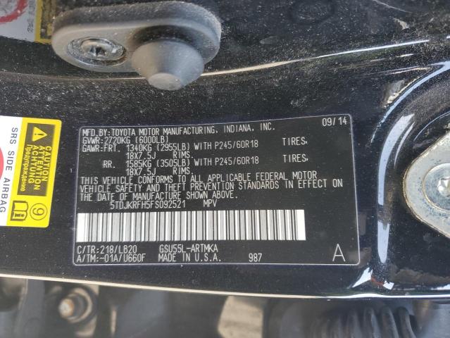 5TDJKRFH5FS092521 - 2015 TOYOTA HIGHLANDER XLE BLACK photo 13