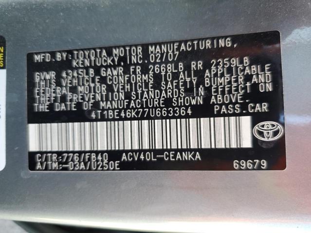 4T1BE46K77U663364 - 2007 TOYOTA CAMRY CE GREEN photo 12