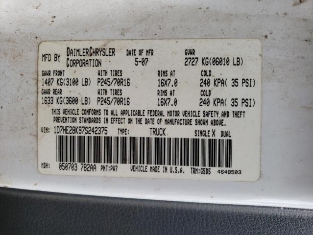 1D7HE28K97S242375 - 2007 DODGE DAKOTA QUAD WHITE photo 12