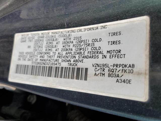 5TEGN92N03Z189475 - 2003 TOYOTA TACOMA DOUBLE CAB PRERUNNER GREEN photo 12