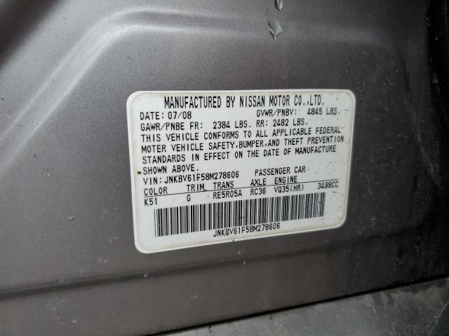 JNKBV61F58M278606 - 2008 INFINITI G35 GRAY photo 12