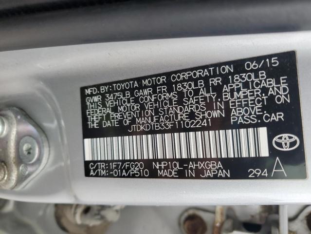 JTDKDTB33F1102241 - 2015 TOYOTA PRIUS C SILVER photo 12