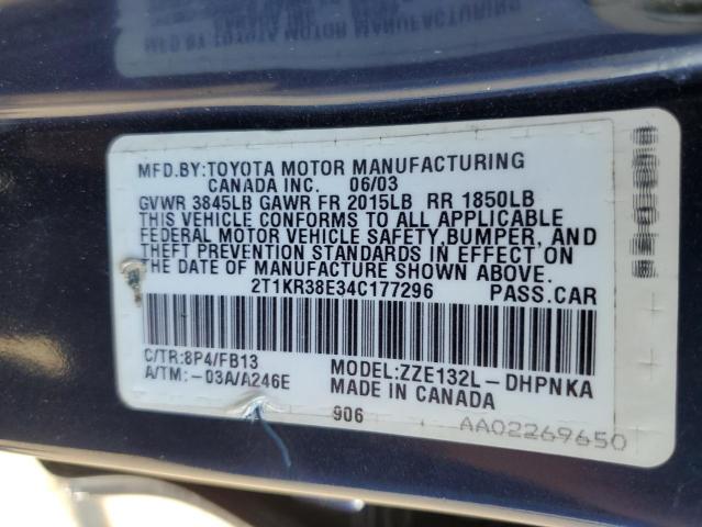 2T1KR38E34C177296 - 2004 TOYOTA MATRIX XR أزرق صورة 12