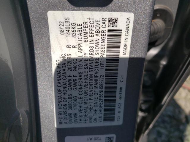 2HGFE2F56NH598772 - 2022 HONDA CIVIC SPORT 银色 照片 12