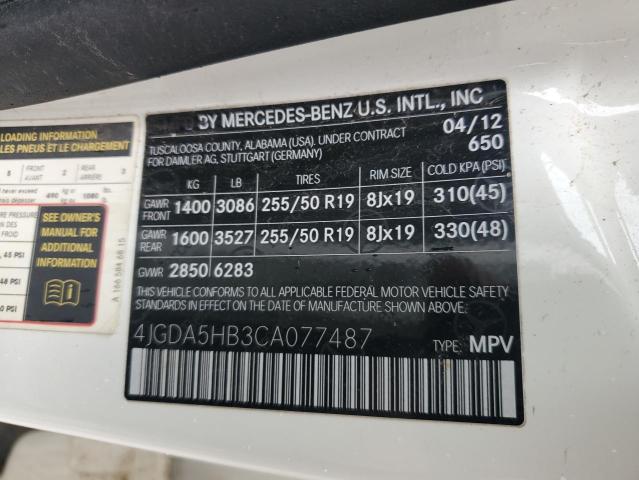 4JGDA5HB3CA077487 - 2012 MERCEDES-BENZ ML 350 4MATIC WHITE photo 12