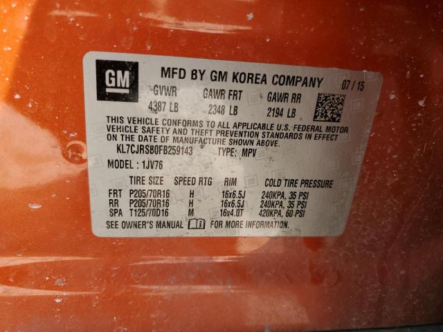 KL7CJRSB0FB259143 - 2015 CHEVROLET TRAX 1LT ORANGE photo 12