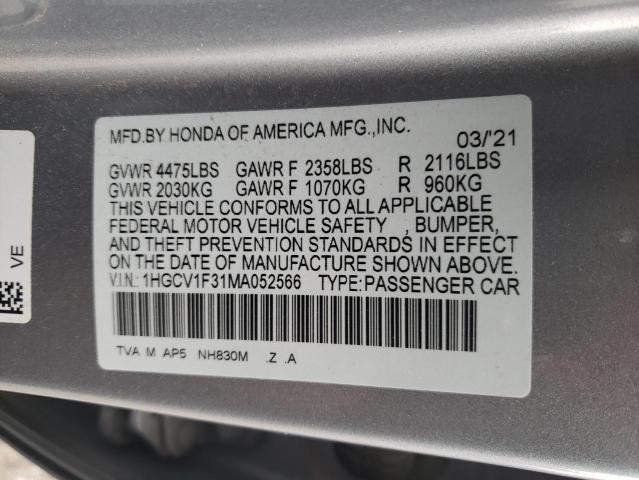 1HGCV1F31MA052566 - 2021 HONDA ACCORD SPORT SILVER photo 12