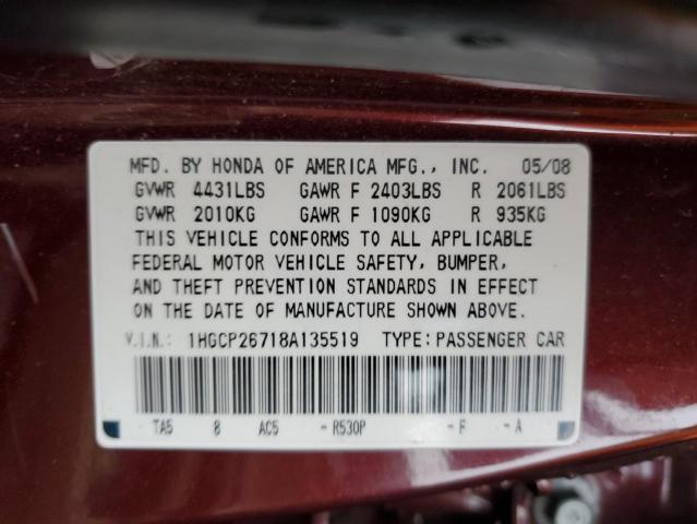 1HGCP26718A135519 - 2008 HONDA ACCORD EX MAROON photo 12