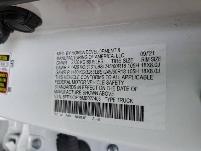 5FPYK3F15MB027403 - 2021 HONDA RIDGELINE SPORT WHITE photo 12