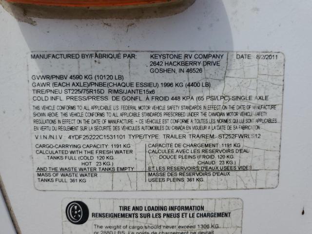 4YDF25222C1531101 - 2012 KEYSTONE SPRINTER WHITE photo 10