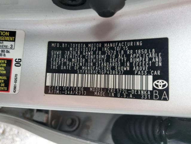 5YFBURHE1GP408637 - 2016 TOYOTA COROLLA L SILVER photo 13